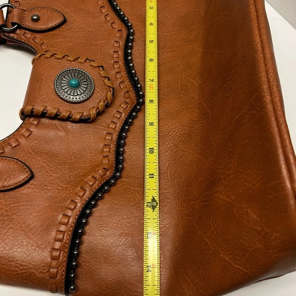 Sam & HadleyWestern Cognac Faux Leather Shoulder Bag Turquoise Whipstitch Tote